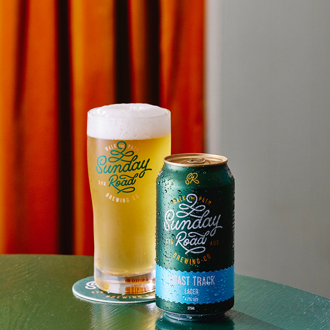 Sunday Road Brewing Sutherland Shire Beer coast track lager in a can and glass